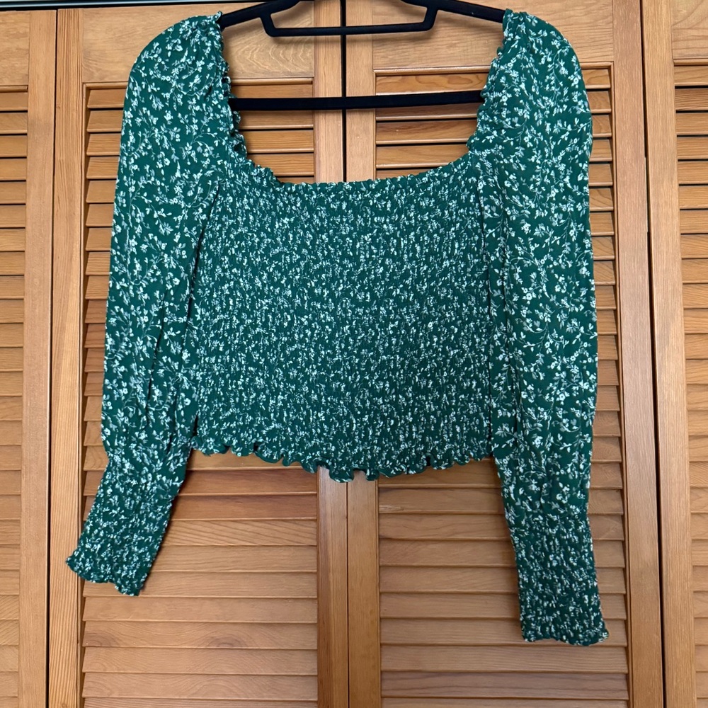 Reformation Green Floral Smocked Blouse